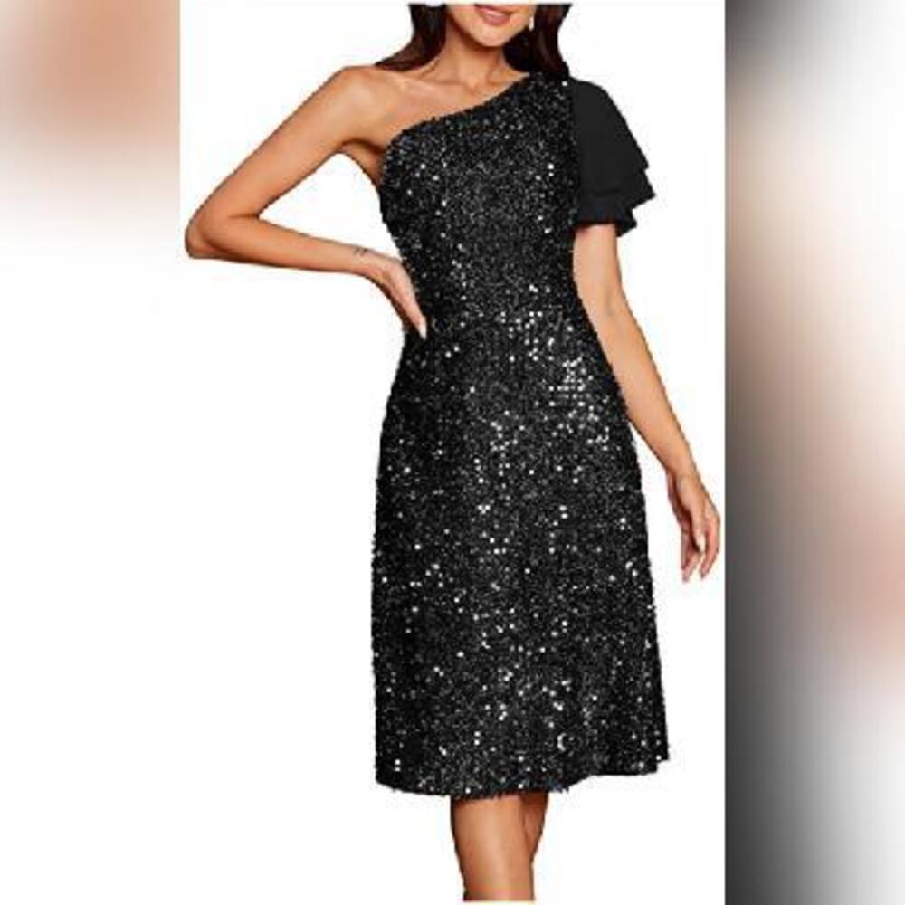NWT ZAFUL One Shoulder Glitter Sequin Ruffles Sparkle Bodycon Dress, M